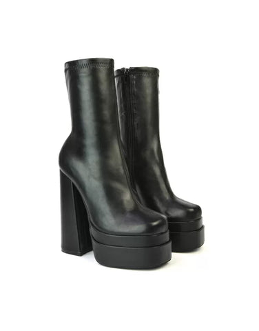 Beckett Super High Block Heel Platform Sock Ankle Boots In Black Synthetic Leather