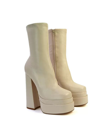 Beckett Super High Block Heel Platform Sock Ankle Boots In Nude Synthetic Leather