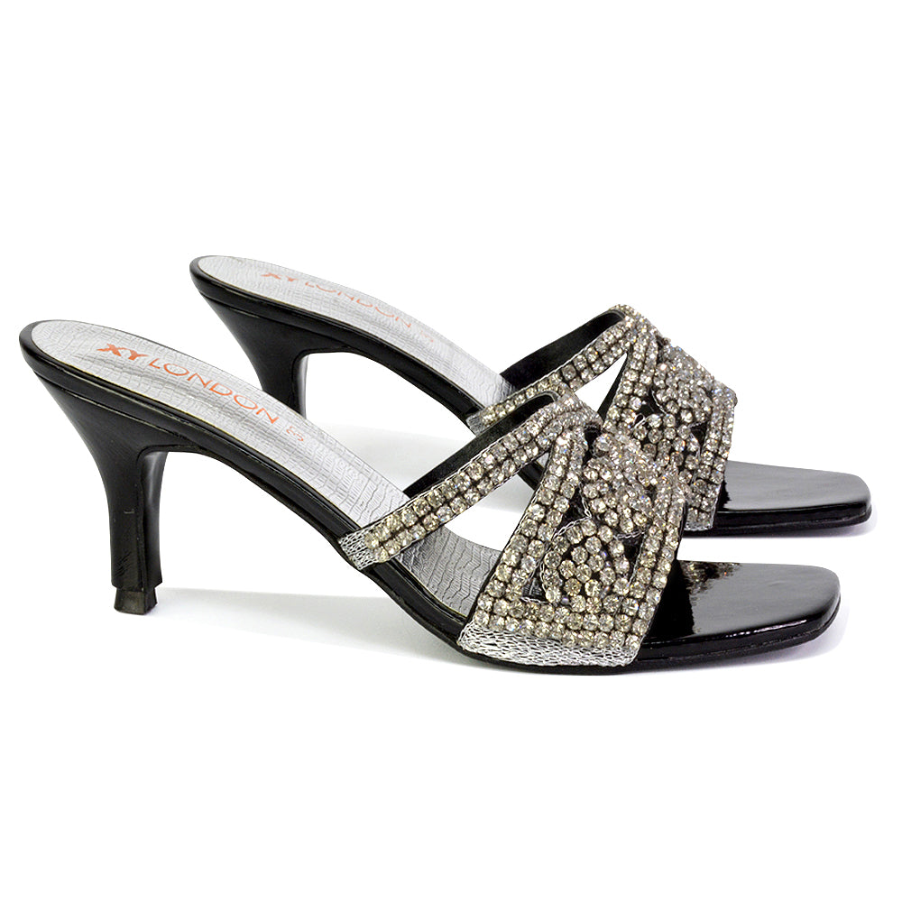 Dominica Diamante Low Kitten High Heel Stiletto Heeled Mule Sandals in Silver