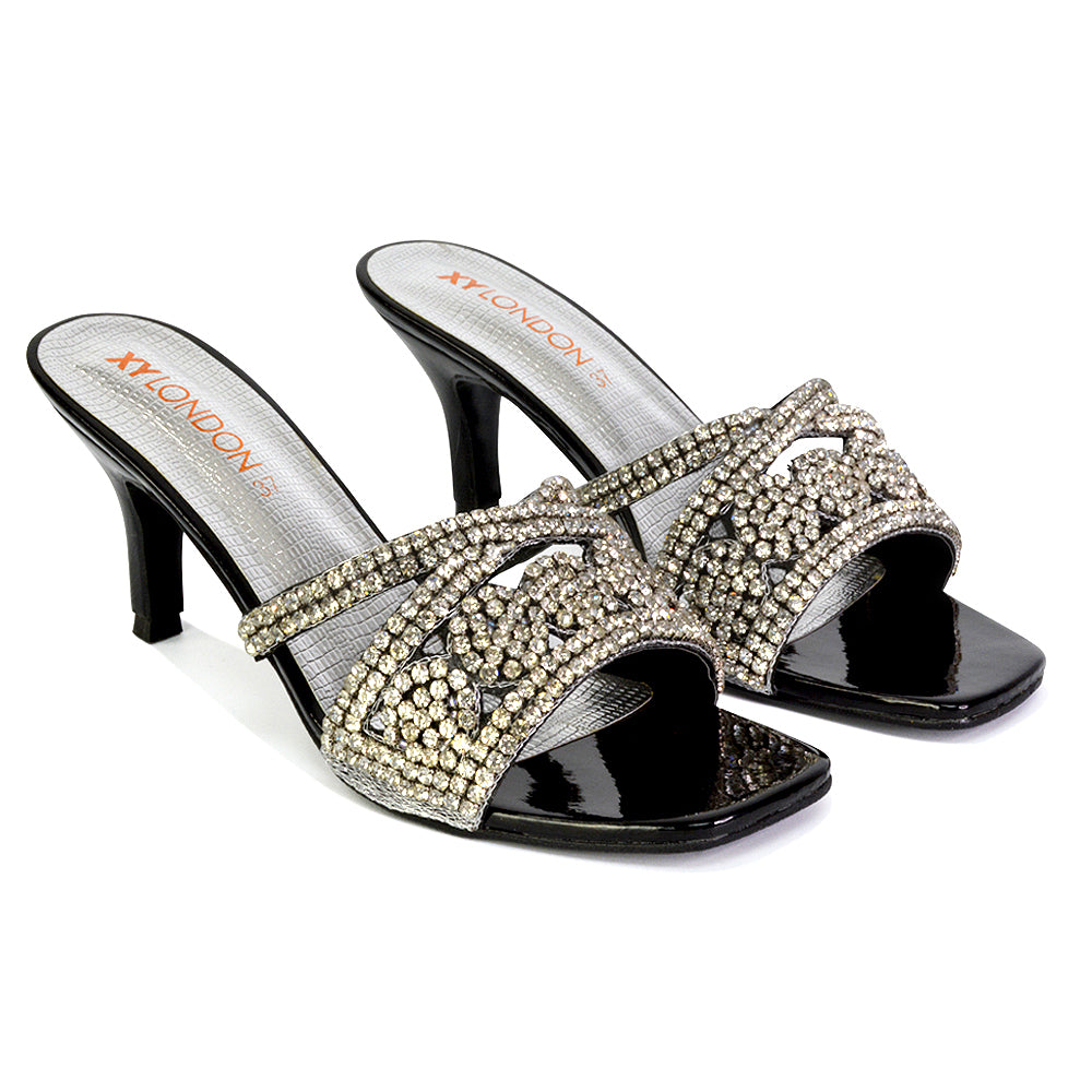 Dominica Diamante Low Kitten High Heel Stiletto Heeled Mule Sandals in Silver