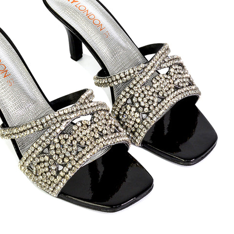 Dominica Diamante Low Kitten High Heel Stiletto Heeled Mule Sandals in Silver