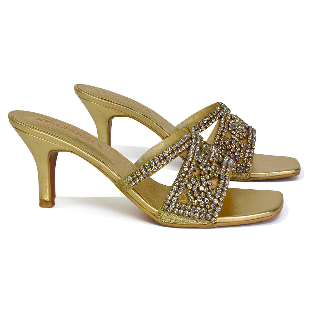 Dominica Diamante Low Kitten High Heel Stiletto Heeled Mule Sandals in Gold