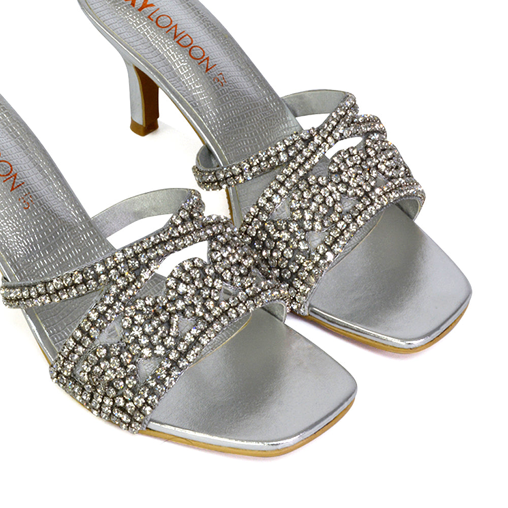 Silver diamante shoes low heel online