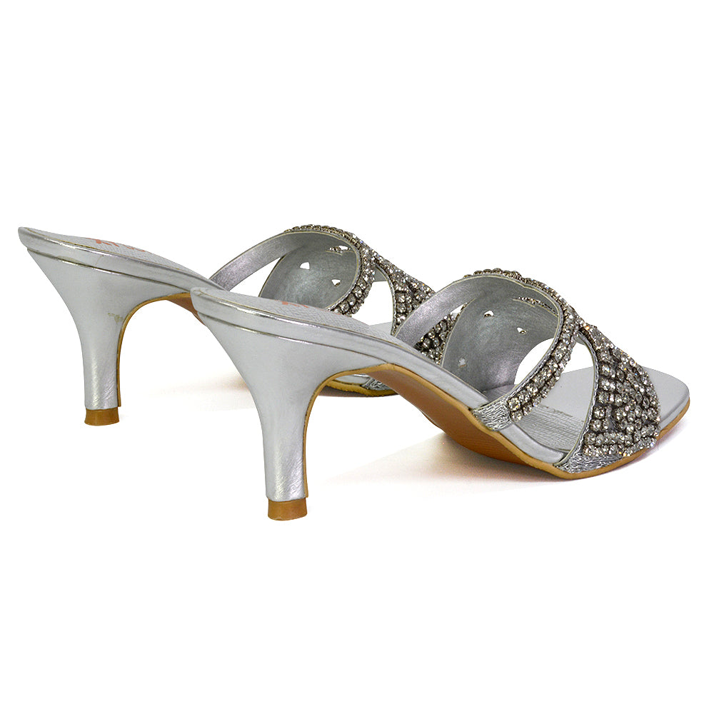 Dominica Diamante Low Kitten High Heel Stiletto Heeled Mule Sandals in Silver