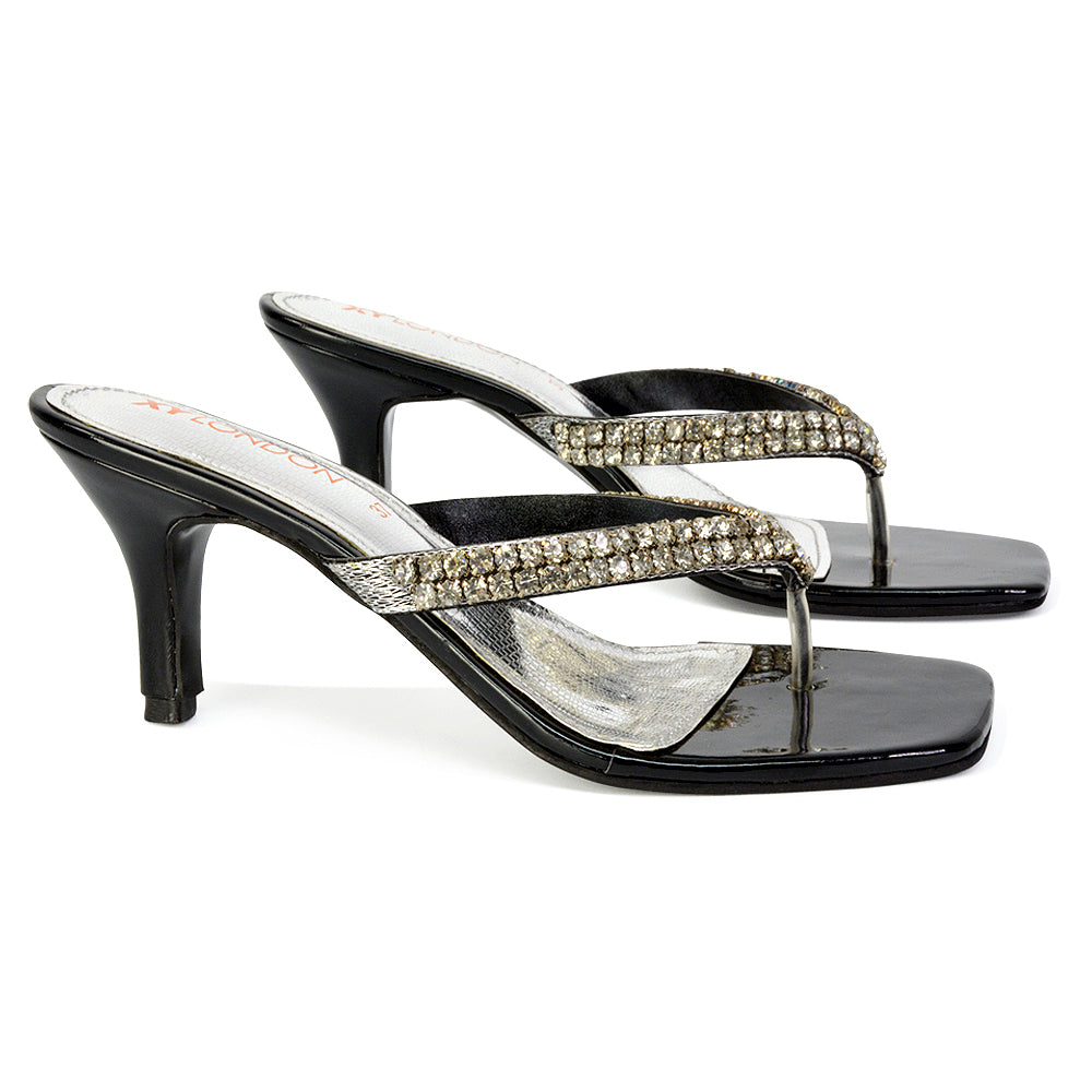 Lynn Square Toe Post Embellished Diamante Strappy Kitten Heel Mule Sandals in Silver