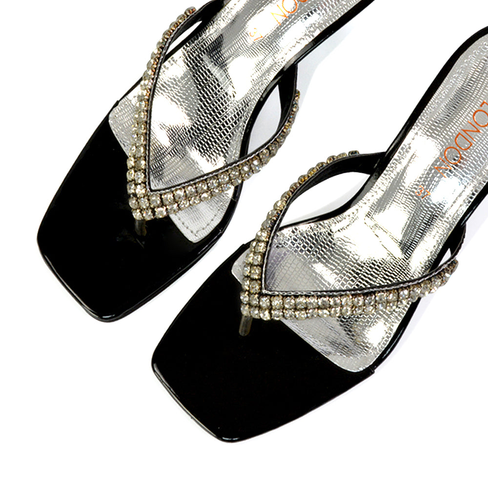 Lynn Square Toe Post Embellished Diamante Strappy Kitten Heel Mule Sandals in Silver
