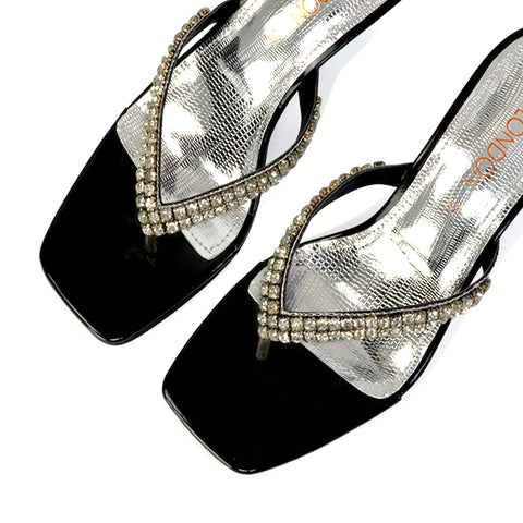 Lynn Square Toe Post Embellished Diamante Strappy Kitten Heel Mule Sandals in Black