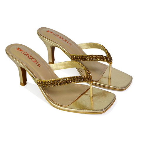 Lynn Square Toe Post Embellished Diamante Strappy Kitten Heel Mule Sandals in Gold