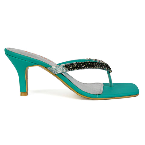 Lynn Square Toe Post Embellished Diamante Strappy Kitten Heel Mule Sandals in Green