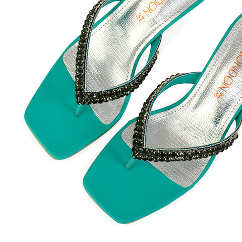Lynn Square Toe Post Embellished Diamante Strappy Kitten Heel Mule Sandals in Green