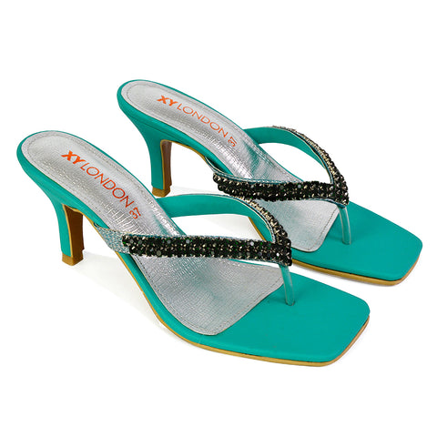 Lynn Square Toe Post Embellished Diamante Strappy Kitten Heel Mule Sandals in Green