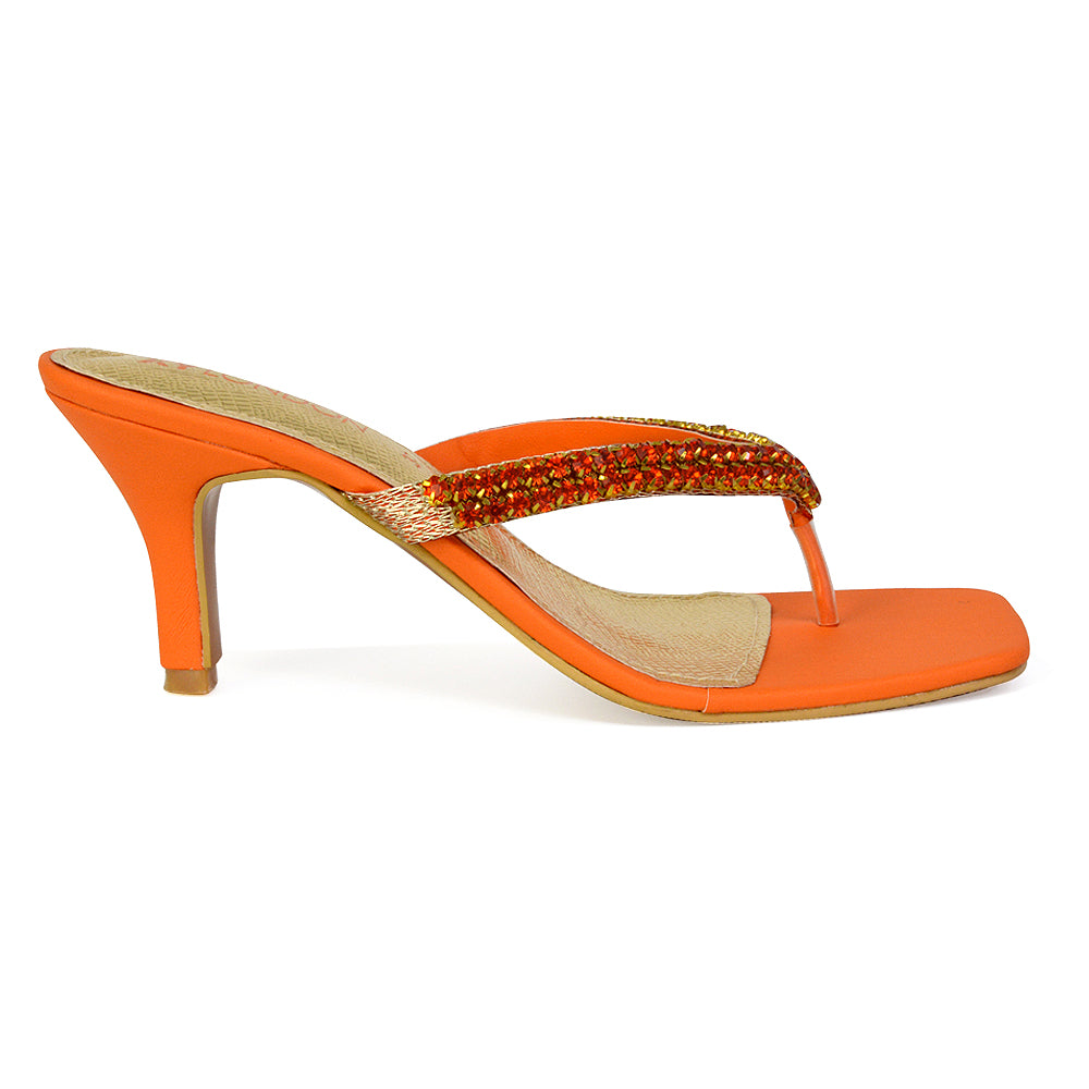 Lynn Square Toe Post Embellished Diamante Strappy Kitten Heel Mule Sandals in Orange