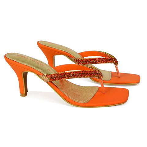 Lynn Square Toe Post Embellished Diamante Strappy Kitten Heel Mule Sandals in Orange