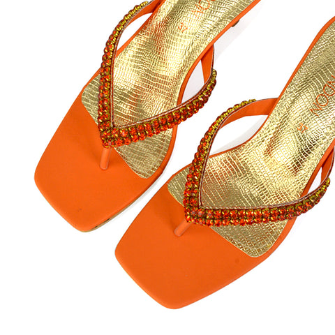 Lynn Square Toe Post Embellished Diamante Strappy Kitten Heel Mule Sandals in Orange