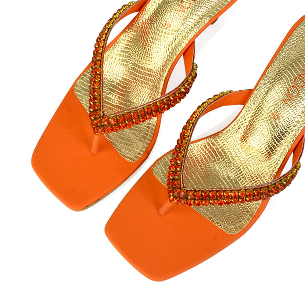 Lynn Square Toe Post Embellished Diamante Strappy Kitten Heel Mule Sandals in Orange