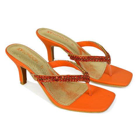 Lynn Square Toe Post Embellished Diamante Strappy Kitten Heel Mule Sandals in Orange