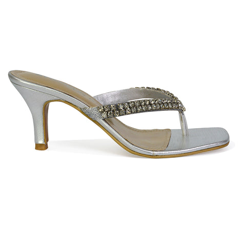 Lynn Square Toe Post Embellished Diamante Strappy Kitten Heel Mule Sandals in White