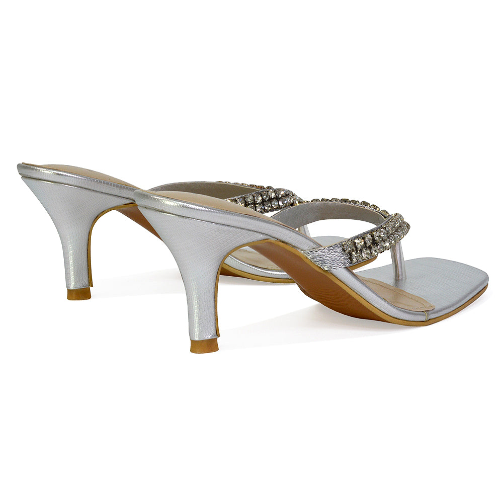 Lynn Square Toe Post Embellished Diamante Strappy Kitten Heel Mule Sandals in White