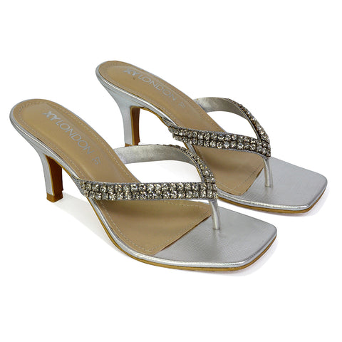 Lynn Square Toe Post Embellished Diamante Strappy Kitten Heel Mule Sandals in White