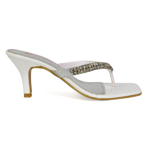 Lynn Square Toe Post Embellished Diamante Strappy Kitten Heel Mule Sandals in Gold