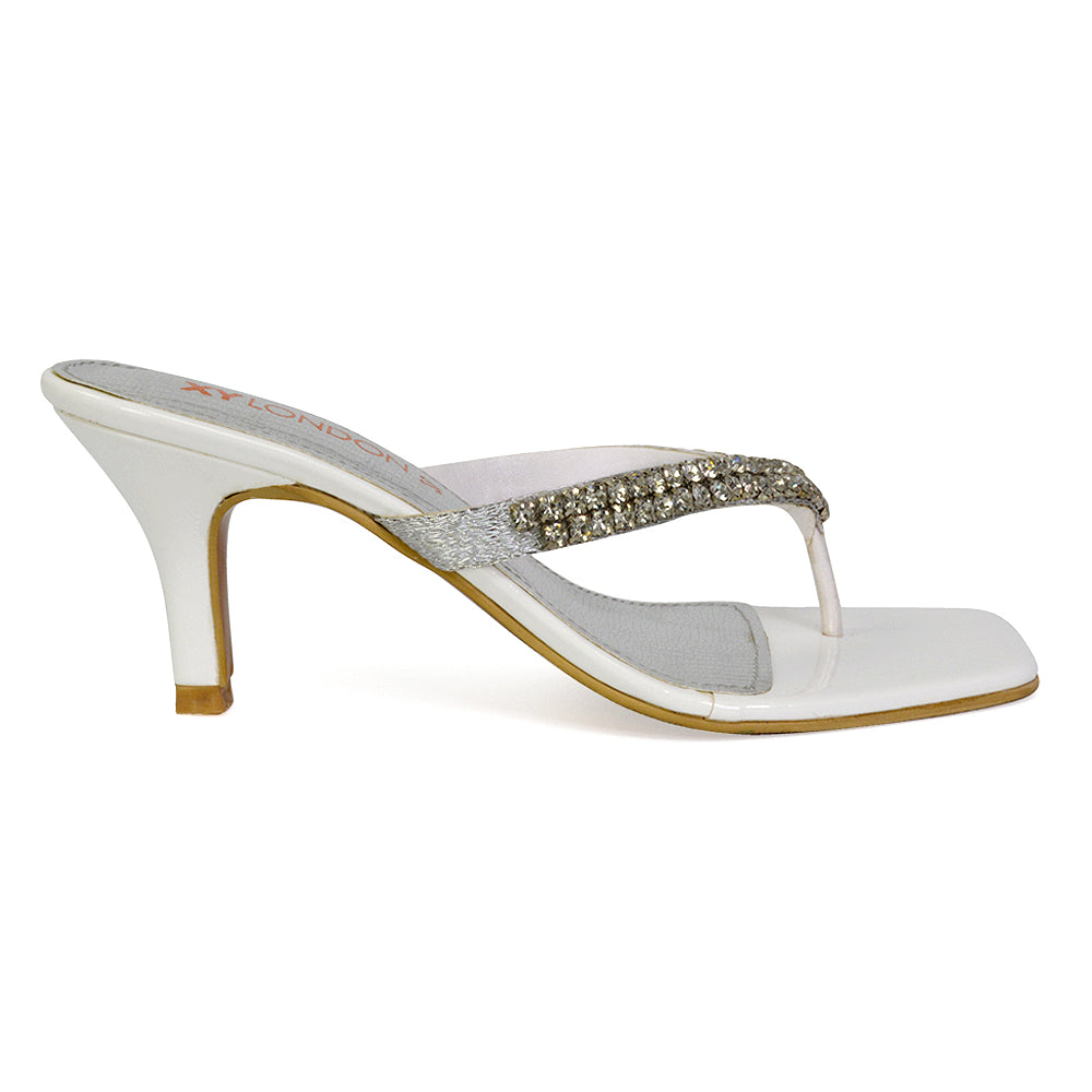 Lynn Square Toe Post Embellished Diamante Strappy Kitten Heel Mule Sandals in White