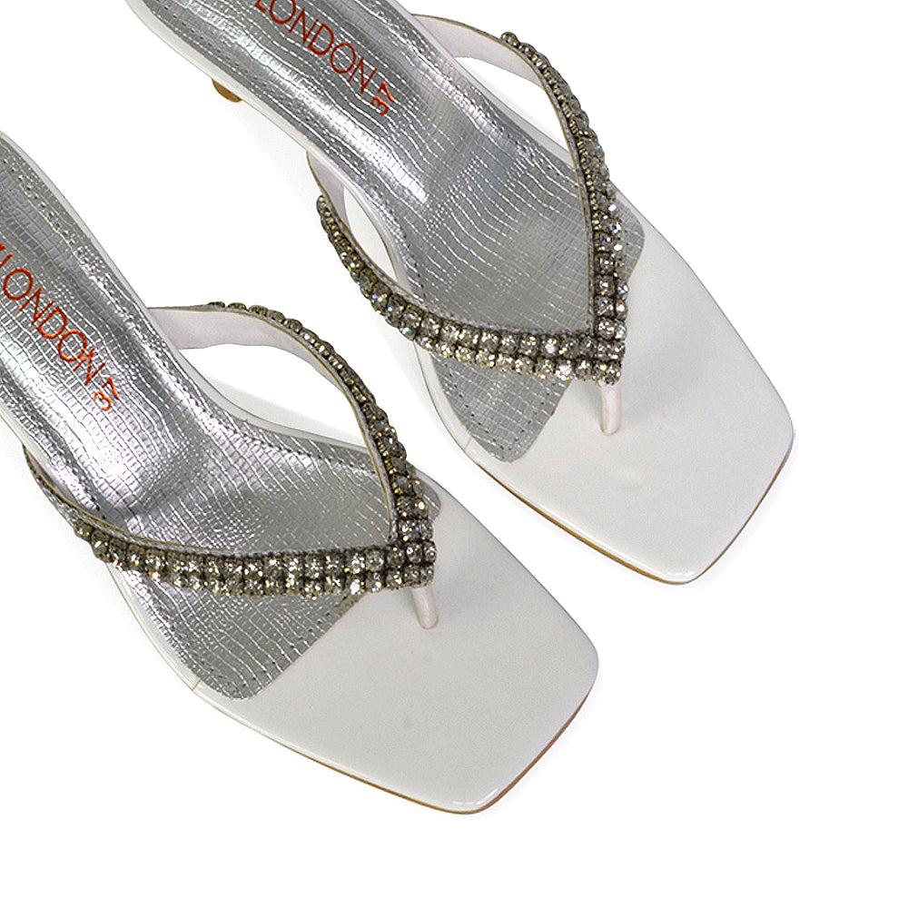 Lynn Square Toe Post Embellished Diamante Strappy Kitten Heel Mule Sandals in Silver