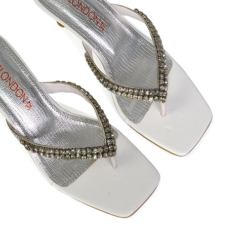 Lynn Square Toe Post Embellished Diamante Strappy Kitten Heel Mule Sandals in White