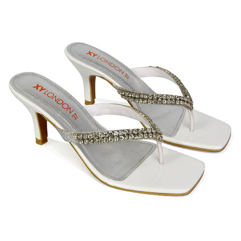 Lynn Square Toe Post Embellished Diamante Strappy Kitten Heel Mule Sandals in White