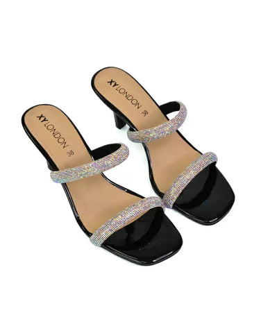 Nancy Square Toe Diamante Strappy Slip On Low Kitten Heel Mules in Gold