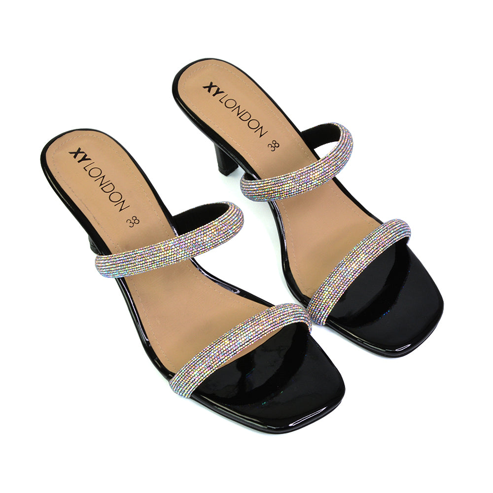 Nancy Square Toe Diamante Strappy Slip On Low Kitten Heel Mules in Black