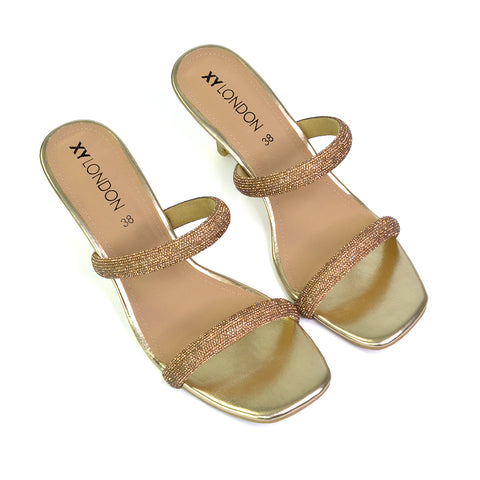 Nancy Square Toe Diamante Strappy Slip On Low Kitten Heel Mules in Gold