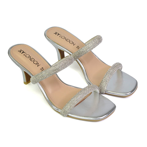 Nancy Square Toe Diamante Strappy Slip On Low Kitten Heel Mules in Silver