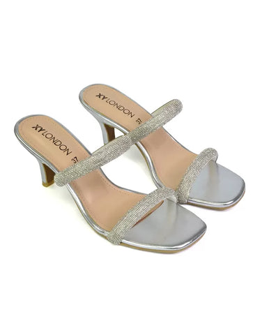 Nancy Square Toe Diamante Strappy Slip On Low Kitten Heel Mules in Silver