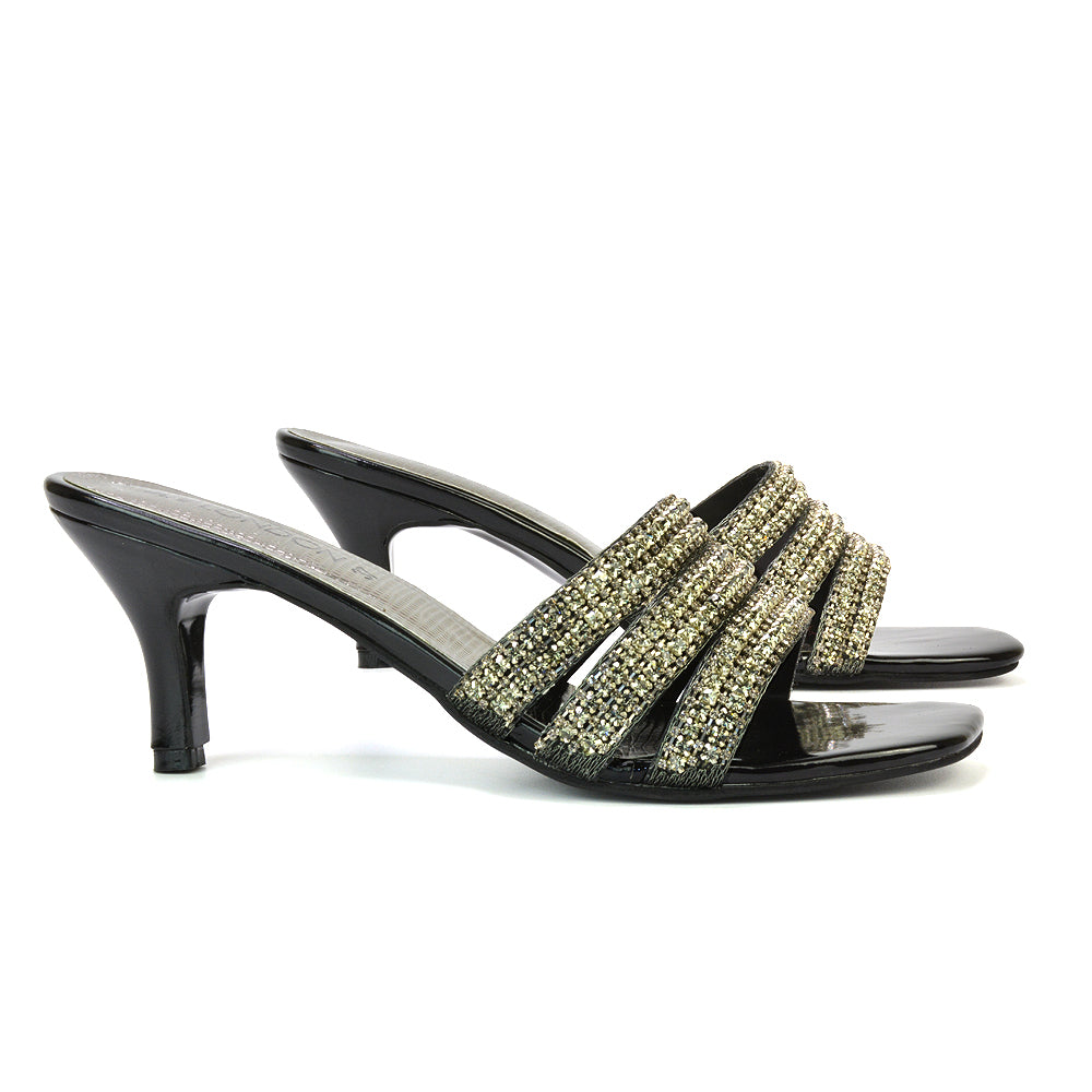 Harli Diamante Mid High Heel Stiletto Square Toe Mule Heels in Black