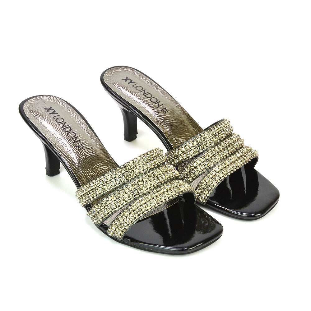 Harli Diamante Mid High Heel Stiletto Square Toe Mule Heels in Silver