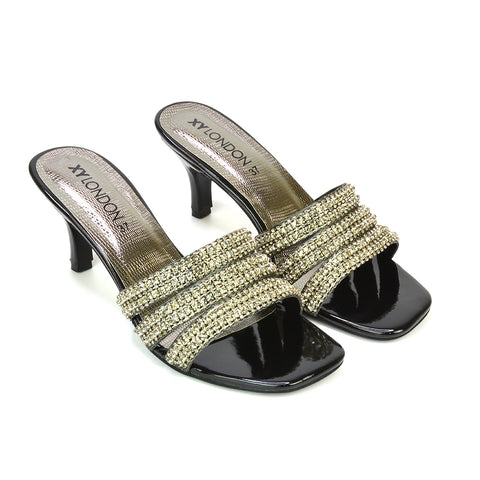 Harli Diamante Mid High Heel Stiletto Square Toe Mule Heels in Silver