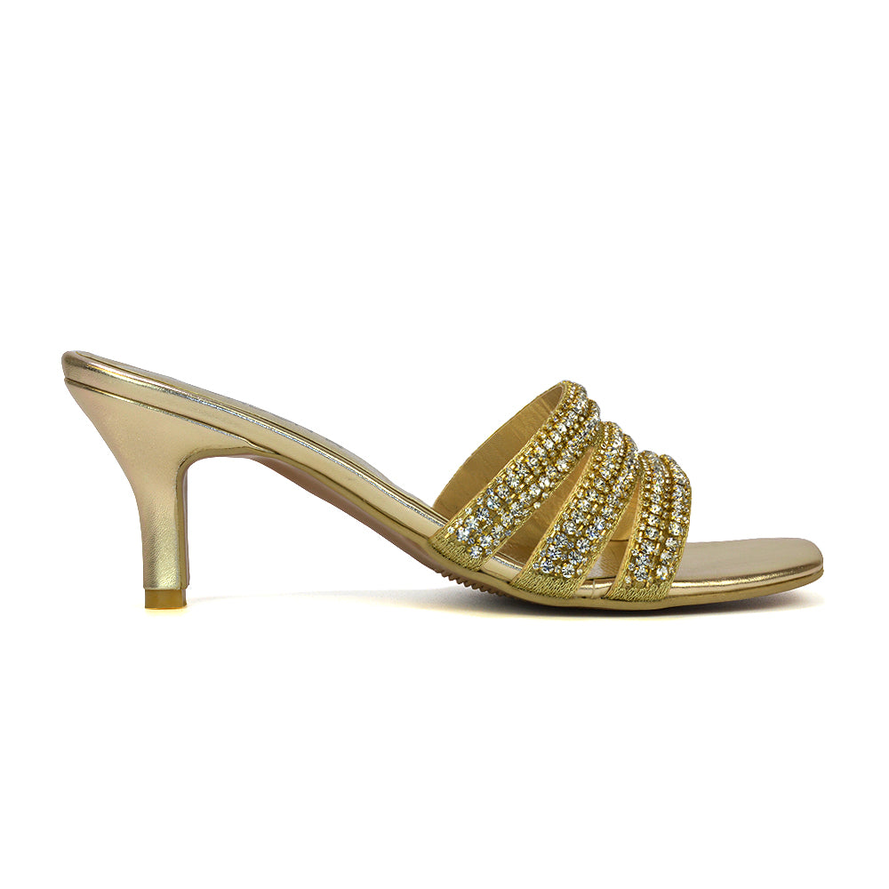 Harli Diamante Mid High Heel Stiletto Square Toe Mule Heels in Gold