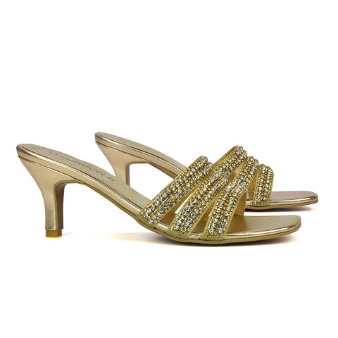 Harli Diamante Mid High Heel Stiletto Square Toe Mule Heels in Gold