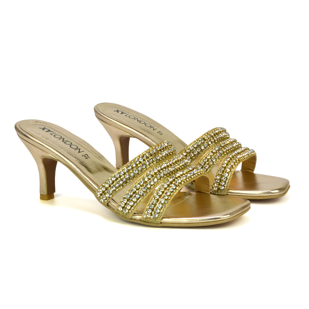 Harli Diamante Mid High Heel Stiletto Square Toe Mule Heels in Gold