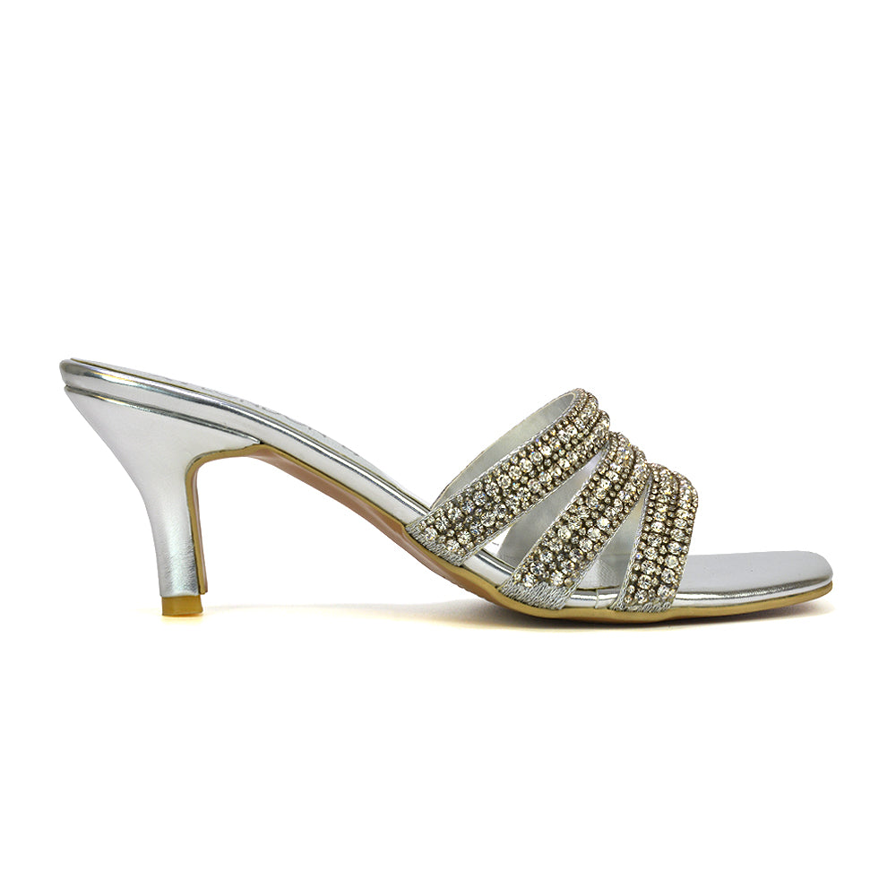 Harli Diamante Mid High Heel Stiletto Square Toe Mule Heels in Gold