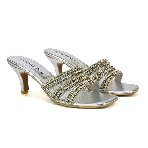 Harli Diamante Mid High Heel Stiletto Square Toe Mule Heels in Silver