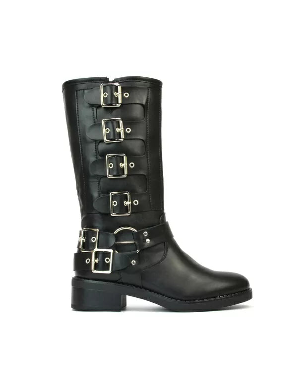 Danni Chunky Block Heel Buckle Up Biker Boots with Inside Zip in Black Synthetic Leather