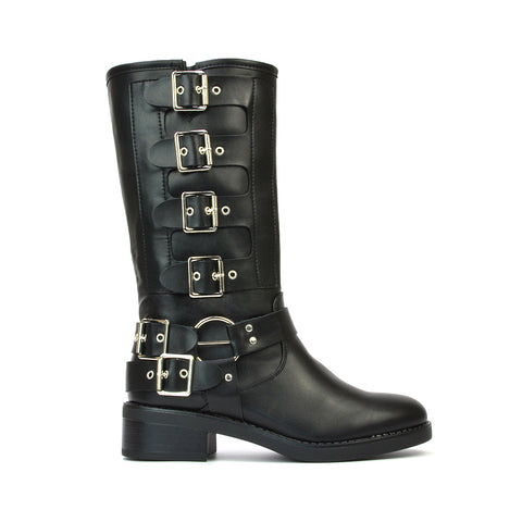 Danni Chunky Block Heel Buckle Up Biker Boots with Inside Zip in Black Synthetic Leather