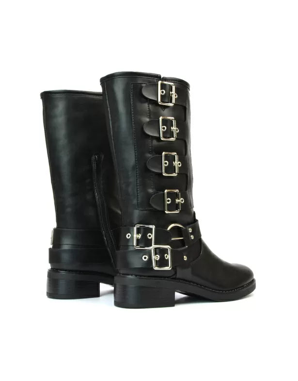 Danni Chunky Block Heel Buckle Up Biker Boots with Inside Zip in Black Synthetic Leather