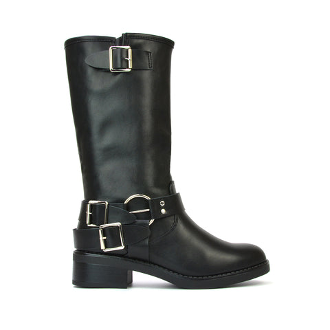 Tazmin Chunky Sole Low Block Heel Black Biker Boots With Buckle Detailing