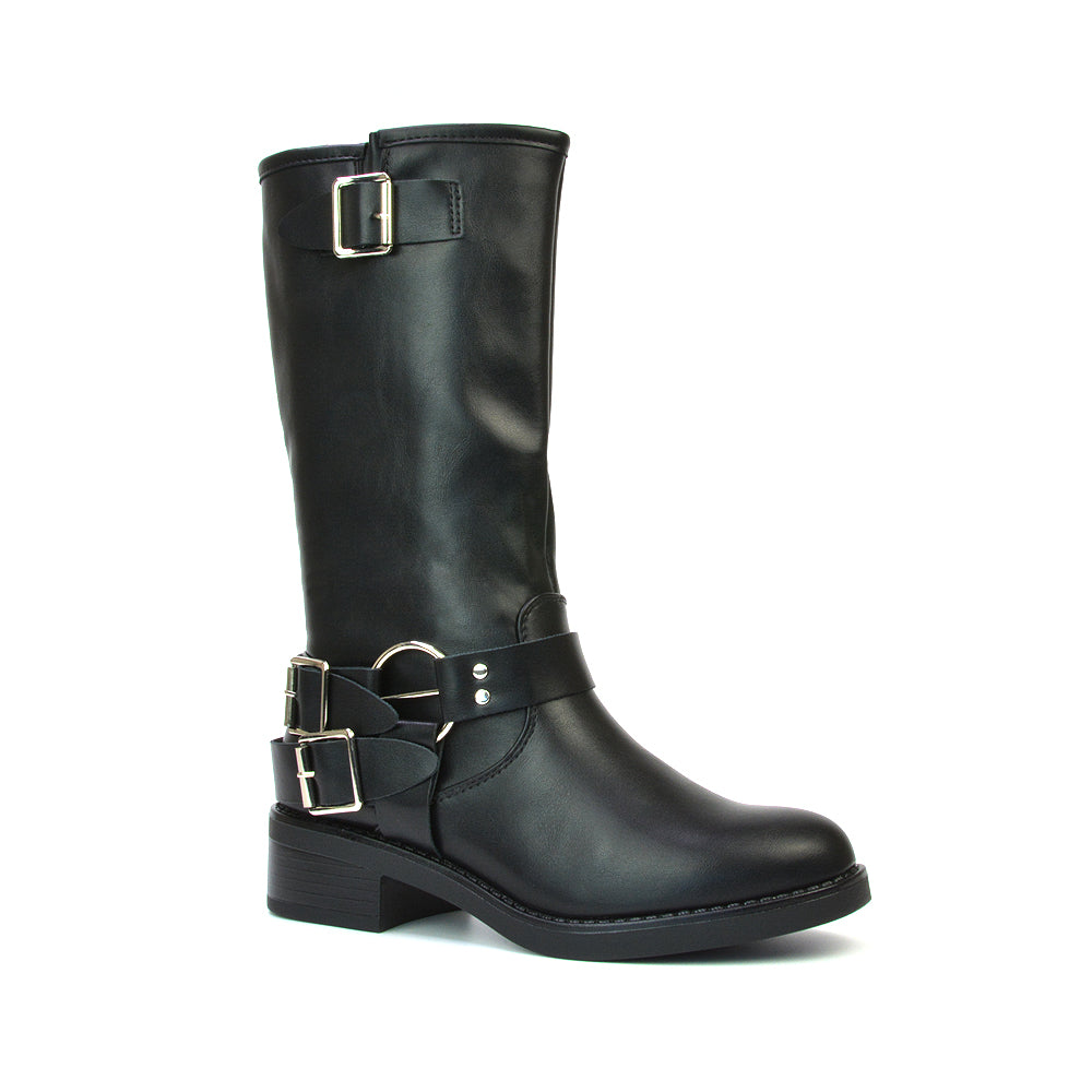 Tazmin Chunky Sole Low Block Heel Black Biker Boots With Buckle Detailing