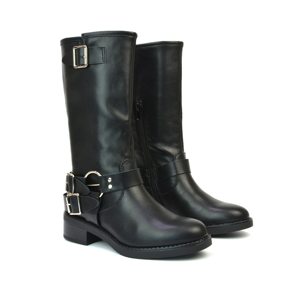 Tazmin Chunky Sole Low Block Heel Black Biker Boots With Buckle Detailing