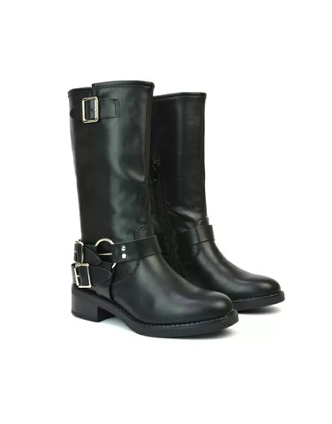 Tazmin Chunky Sole Low Block Heel Black Biker Boots With Buckle Detailing