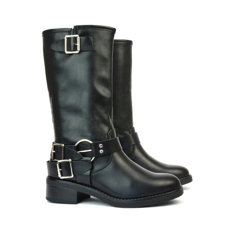Tazmin Chunky Sole Low Block Heel Black Biker Boots With Buckle Detailing