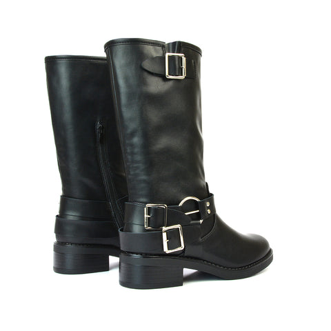 Tazmin Chunky Sole Low Block Heel Black Biker Boots With Buckle Detailing